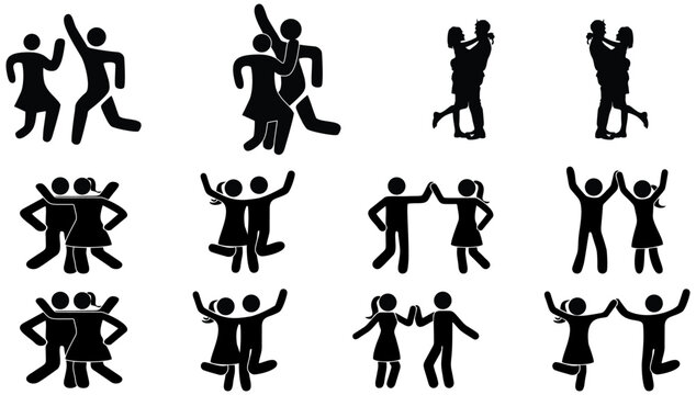 Happy man and woman stick figure dancing together. Black and white couple enjoy party icon.