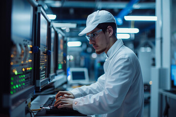 Fototapeta premium networking engineer, netwokring equiment, electrician at work, servers, server room, IT Administrator, Datacenter, service provider, database, computer server room, data storage, network hub and patch