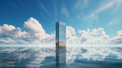flooding concept , building in the middle of a body of water under a blue sky .