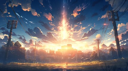 Abandoned towns in a post-apocalyptic world - a daytime scene with lens flares and dramatic lighting, illustrated in the style of a anime poster