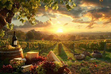 Picturesque vineyard at sunset, where rows of grapevines stretch to the horizon and picnic baskets overflow with gourmet cheeses and crusty bread.