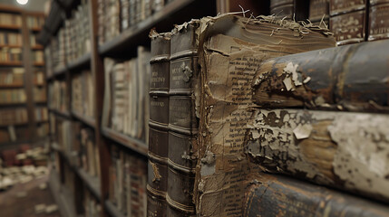 Old books in the library. Close up. 