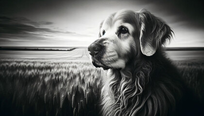 black and white portrait of a dog in a field.