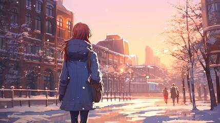 Anime-style illustration of a Japanese high school girl waiting for train in a snowy city, with aesthetic muted colors and bright lighting