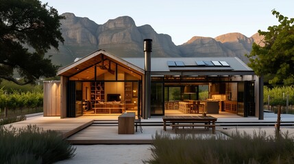 A rustic craftsman dwelling in Cape Town, surrounded by vineyards and embracing South African...