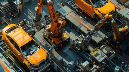Fototapeta premium Top-down view robots with car body on production line 