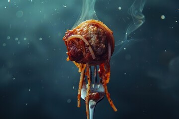 Spaghetti and Meatball on Fork  - obrazy, fototapety, plakaty