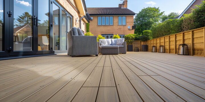 A modern house patio with composite decking and comfortable outdoor furniture in a sunny backyard.

