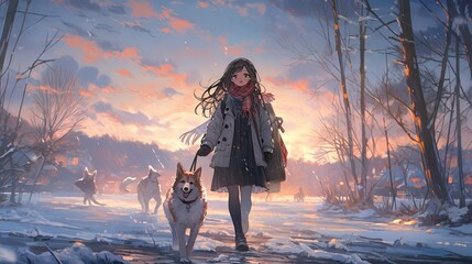 Anime girl enjoying winter wonderland: a beautiful illustration of a young female character in a...
