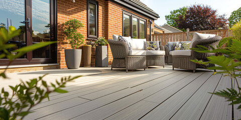 A modern house patio with composite decking and comfortable outdoor furniture in a sunny backyard.

