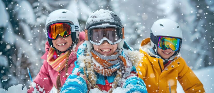 Happy family with winter clothes enjoy playing with snow at winter vacations. Generated AI image