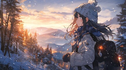 Anime girl enjoying winter wonderland: a beautiful illustration of a young female character in a...
