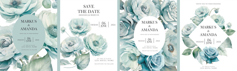 Watercolor floral wedding invitations with blue ranunculus flowers Cards design
