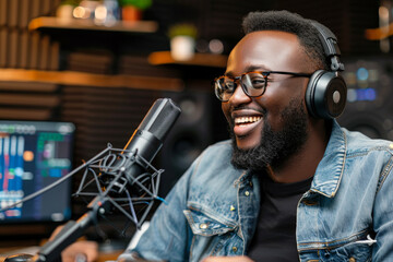 Radio Host Enjoying On-Air Conversation.
Smiling male radio host with headphones speaking into studio microphone.