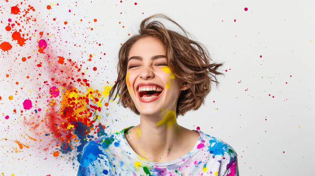 Beautiful smiling woman with brown hair and a white background with scattered paint