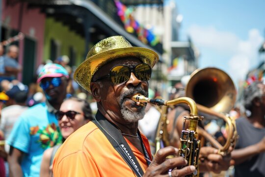 Street festival in New Orleans, with jazz bands playing in the streets, colorful floats parading by, and revelers dancing and celebrating. 