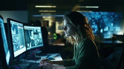  a woman using a computer in a company,