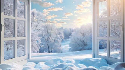  winter background,winter landscape with window.