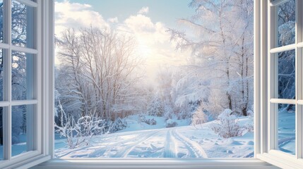  winter background,winter landscape with window.