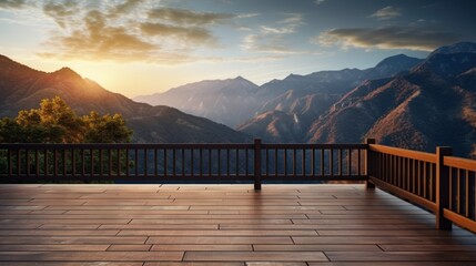 Wooden balcony with a beautiful view,Wooden balcony with beautiful mountains during sunset - obrazy, fototapety, plakaty