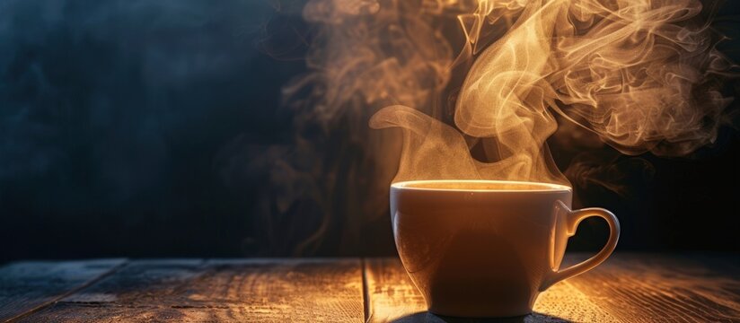 Panoramic a cup of hot coffee with smoke on dark background. Generated AI image