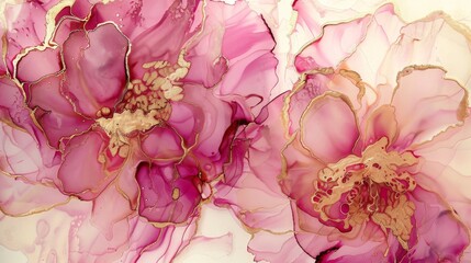 Pink peonies, delicate pink color, gold outline. Watercolor, liquid art, marble. Contemporary art. Alcohol ink.