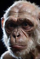 Profile view of a contemplative ape with profound eyes and textured skin, isolated on black. The image captures the essence of introspection in the animal kingdom. AI generation