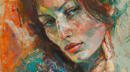 Portrait of a woman, a beautiful sweet girl. Abstract oil painting in pastel. 
Interior painting. Contemporary art.
