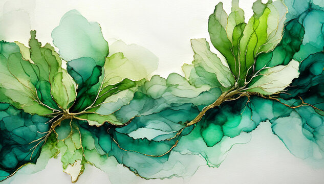  Fond floral vert abstrait, fleurs aquarelles