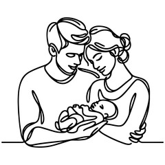 Continuous one black line art drawing parents with newborn baby doodles outline style vector illustration on white background