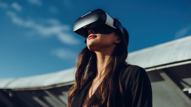 Young woman wearing virtual reality glasses 