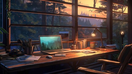 Anime Inspired Lofi Interior: A Cozy Desk with Hip-Hop Lights and Manga Vibes Overlooking the Forest