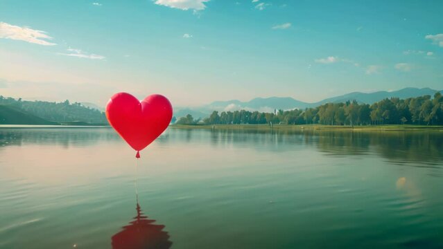 a heart shape balloon floating in a beautiful lake, 4k video, valentine background