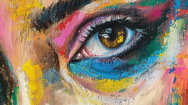 Portrait of a woman, one eye, close-up, bright colors. Abstract oil painting in pastel. 
Interior painting. Contemporary art.