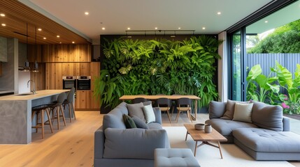 A sustainable craftsman home in Auckland, with a wall of living plants providing natural air purification - obrazy, fototapety, plakaty