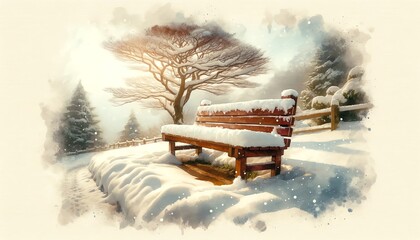 Landscape Watercolor of Brown Outdoor Bench with Snow on Top