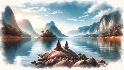 Landscape Watercolor of two Women Sitting on a Rock Facing a Body of Water and a Mountain - obrazy, fototapety, plakaty