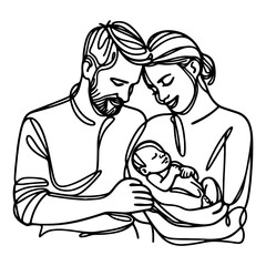 Continuous one black line art drawing parents with newborn baby doodles outline style vector illustration on white background