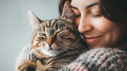Woman Embracing Cat: A tender moment of pet love, ideal for themes of companionship, animal care, and human-pet relationships.