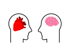 Heart and brain in two head. Mind or feelings concept.