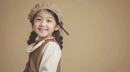 Vintage Styled Portrait of a Smiling Young Girl, perfect for children's fashion and historical...