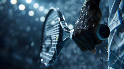 Intense Tennis Match Close-up, Freeze the action with a close-up shot of a tennis player's hand gripping the racket during a crucial moment in a match. - obrazy, fototapety, plakaty