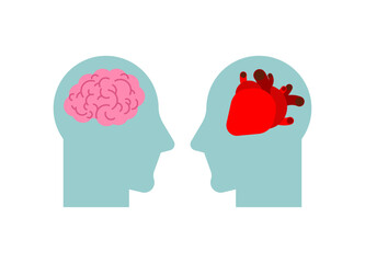 Heart and brain in two head. Mind or feelings concept. - 748647343