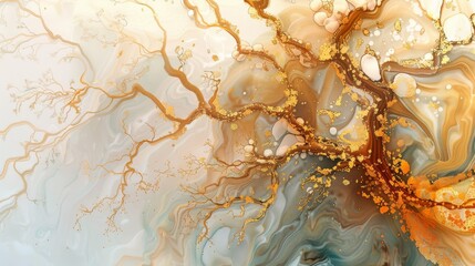 Beautiful abstract background. Branches of the golden contour, Liquid art, marble. Contemporary art. Alcohol ink.