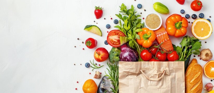 Healthy food ingredients in paper bag isolated white background.Generated AI image