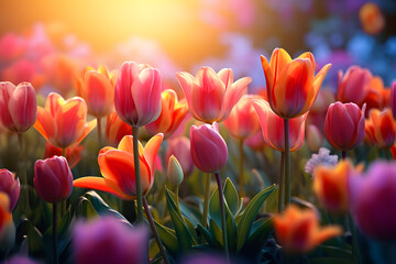  field of colorful tulips on soft focus.spring time