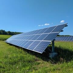 Solar panel sits on grassy field, harnessing sunlight for solar power
