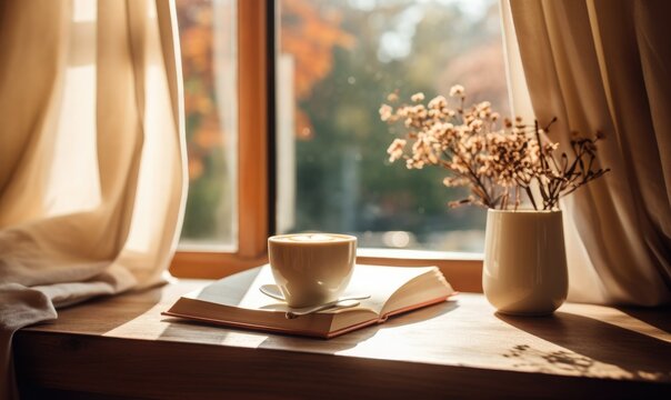 A picture of coffee on the desk under the window, a book spread out and curtains blowing in the wind.