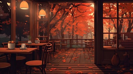 Anime-style illustration of a cozy cafe interior with wooden furniture and orange lighting, anime chill hip stream overlay loop background - obrazy, fototapety, plakaty