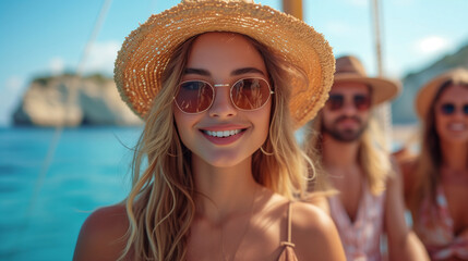 Young beautiful woman in straw hat and sunglasses enjoys yacht time with friends
